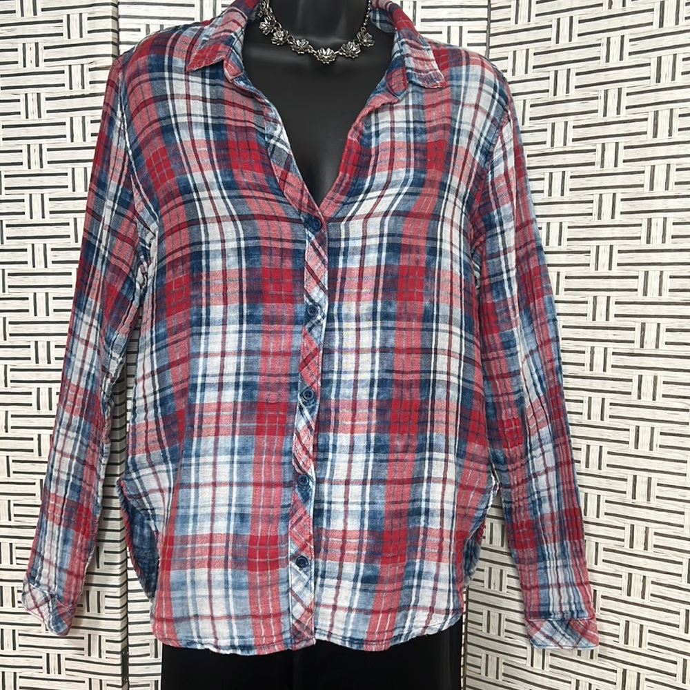 Cloth & Stone button down, long sleeve, distressed plaid shirt/blouse